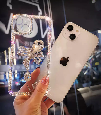 Phone Case Transparent Glitter Pearl Finish Diamond Bow Detail