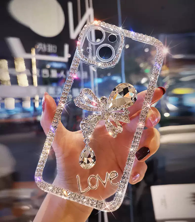 Phone Case Transparent Glitter Pearl Finish Diamond Bow Detail
