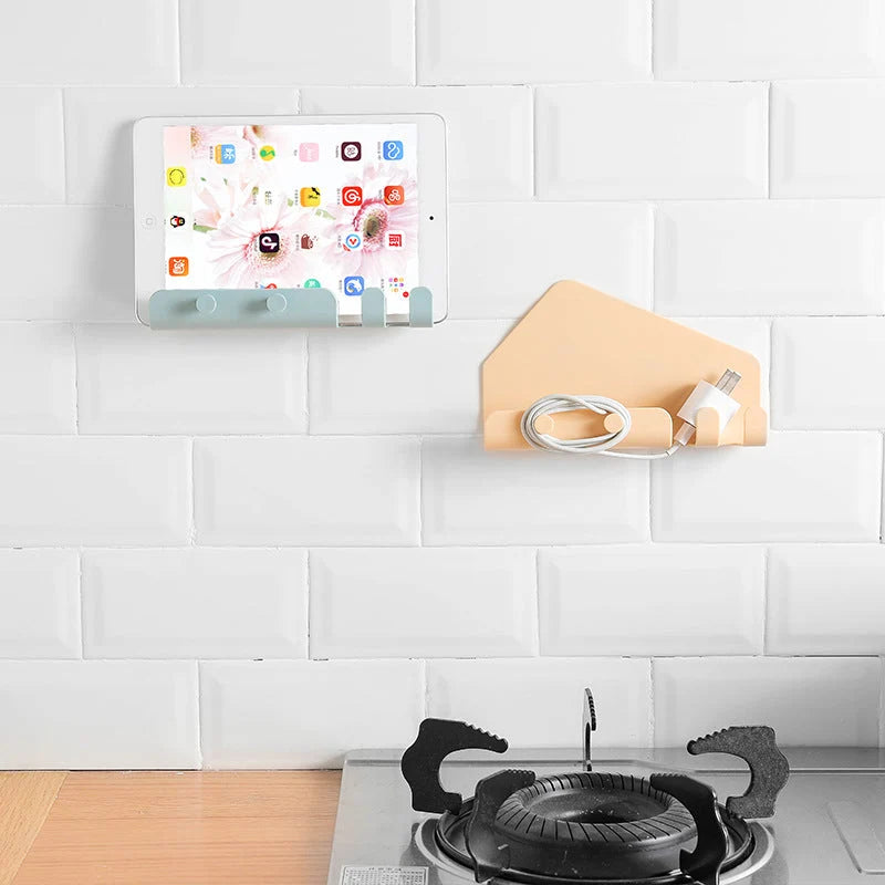 Phone Holder Organizer Wall-Mounted Adhesive 4 Hooks