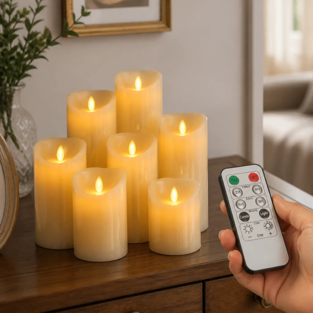 Pillar Candle Set Real Wax Flameless Remote & Timer