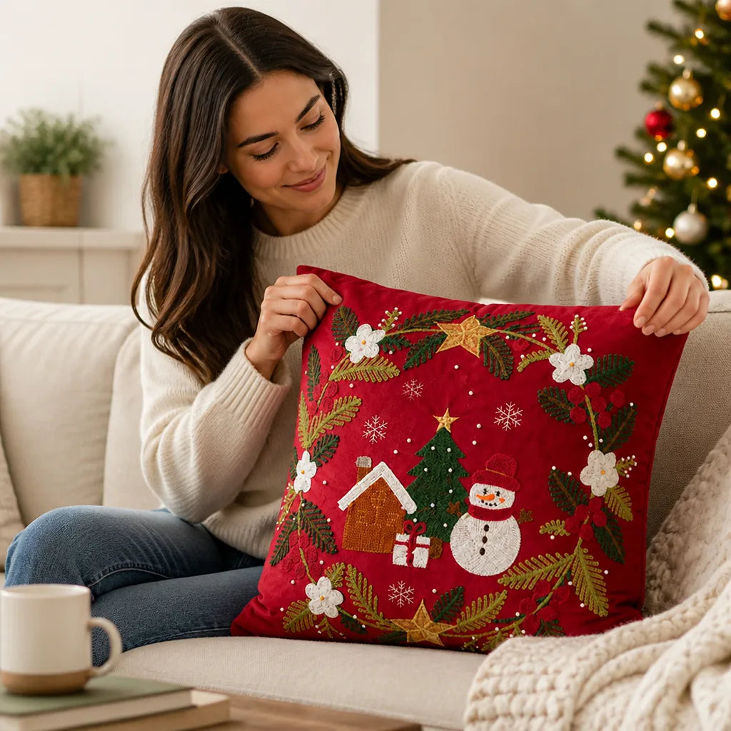 Pillow Cover Embroidered Wreath & Sequins