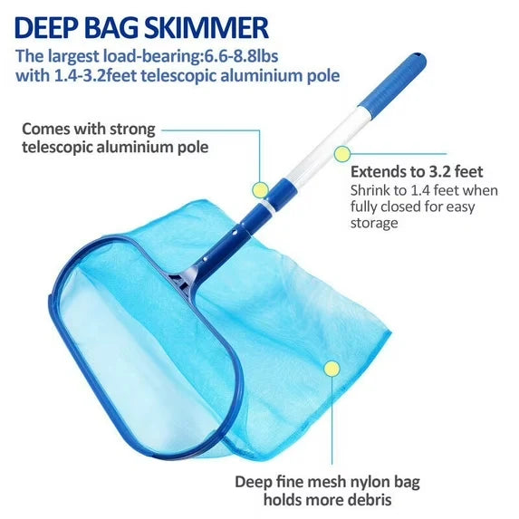 Pool Skimmer Net Fine Mesh Deep Pocket Telescopic Pole