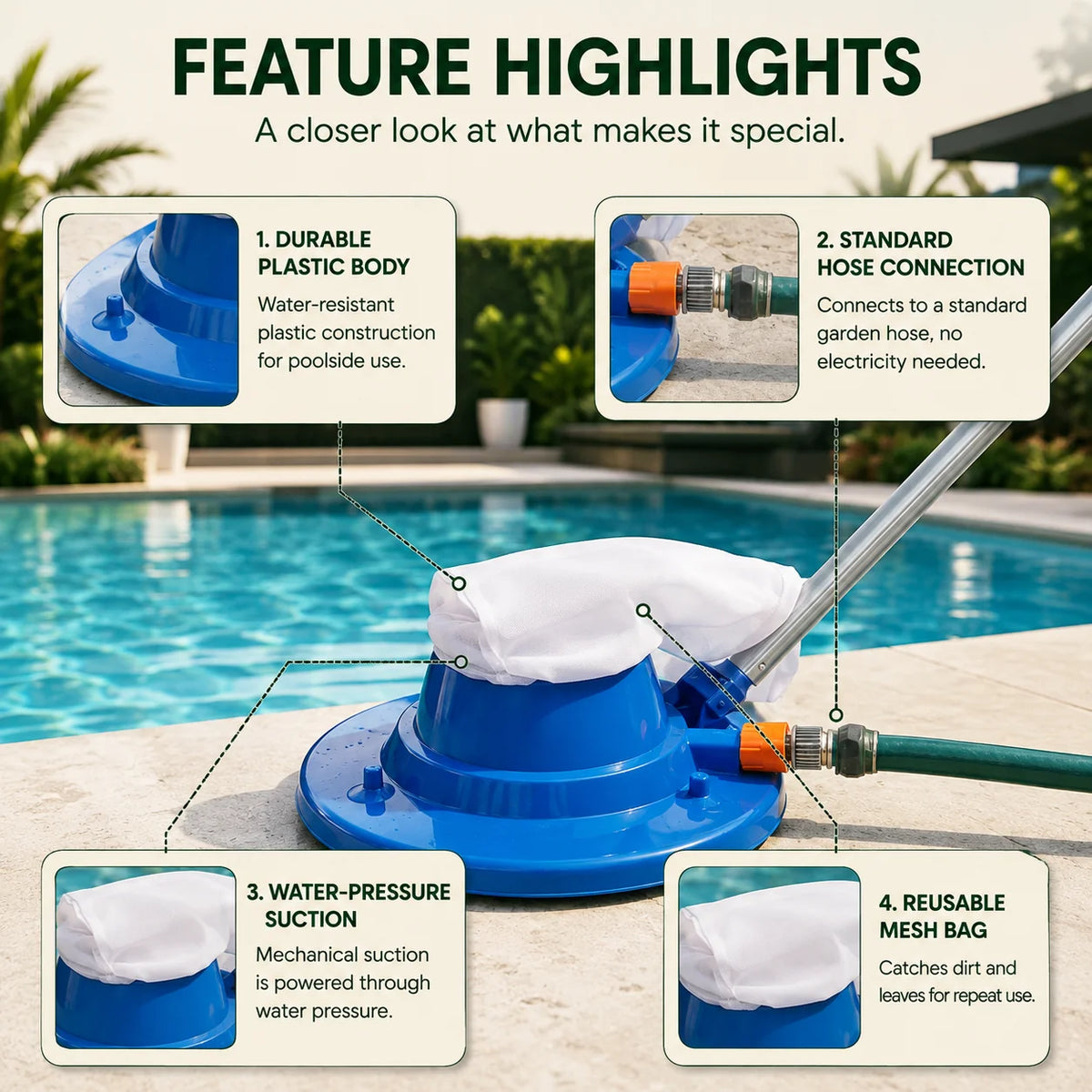 Pool Vacuum Hose-Powered Reusable Mesh Bag Above & Inground
