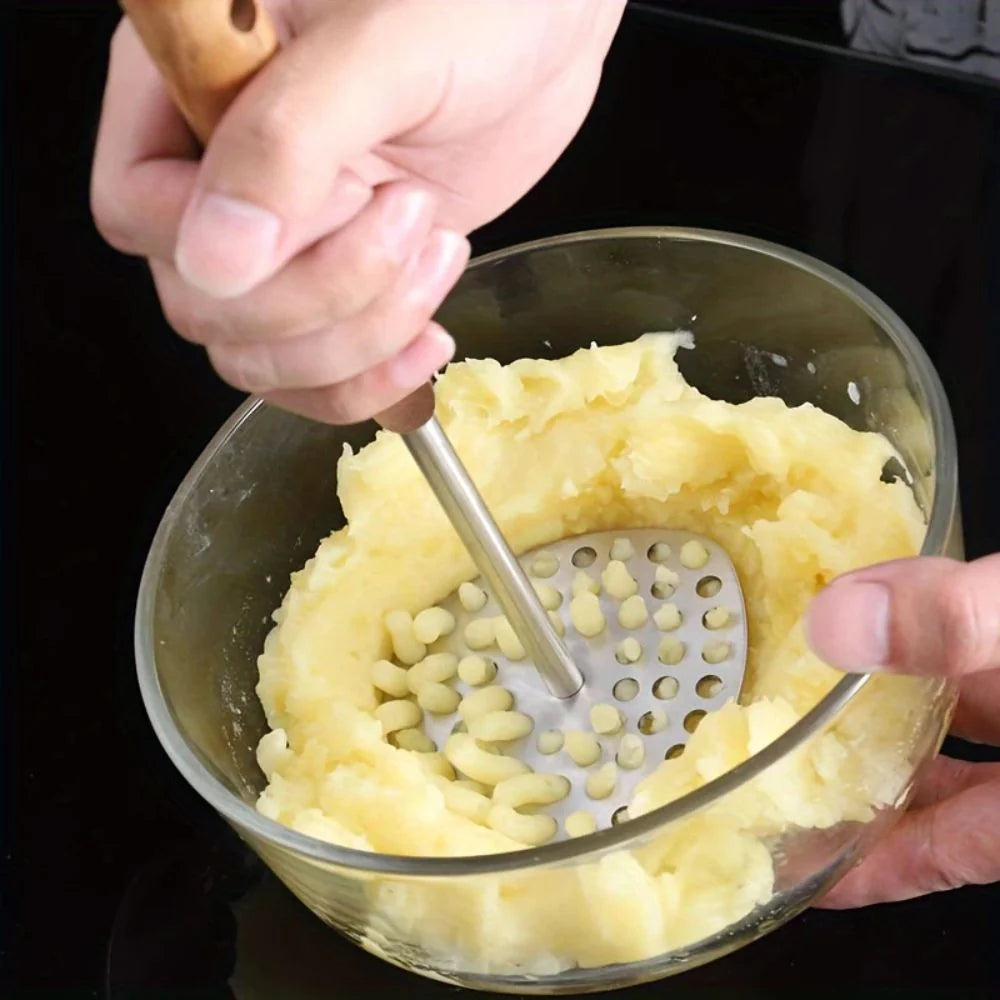 Potato Masher Stainless Steel Perforated Plate Wooden Handle