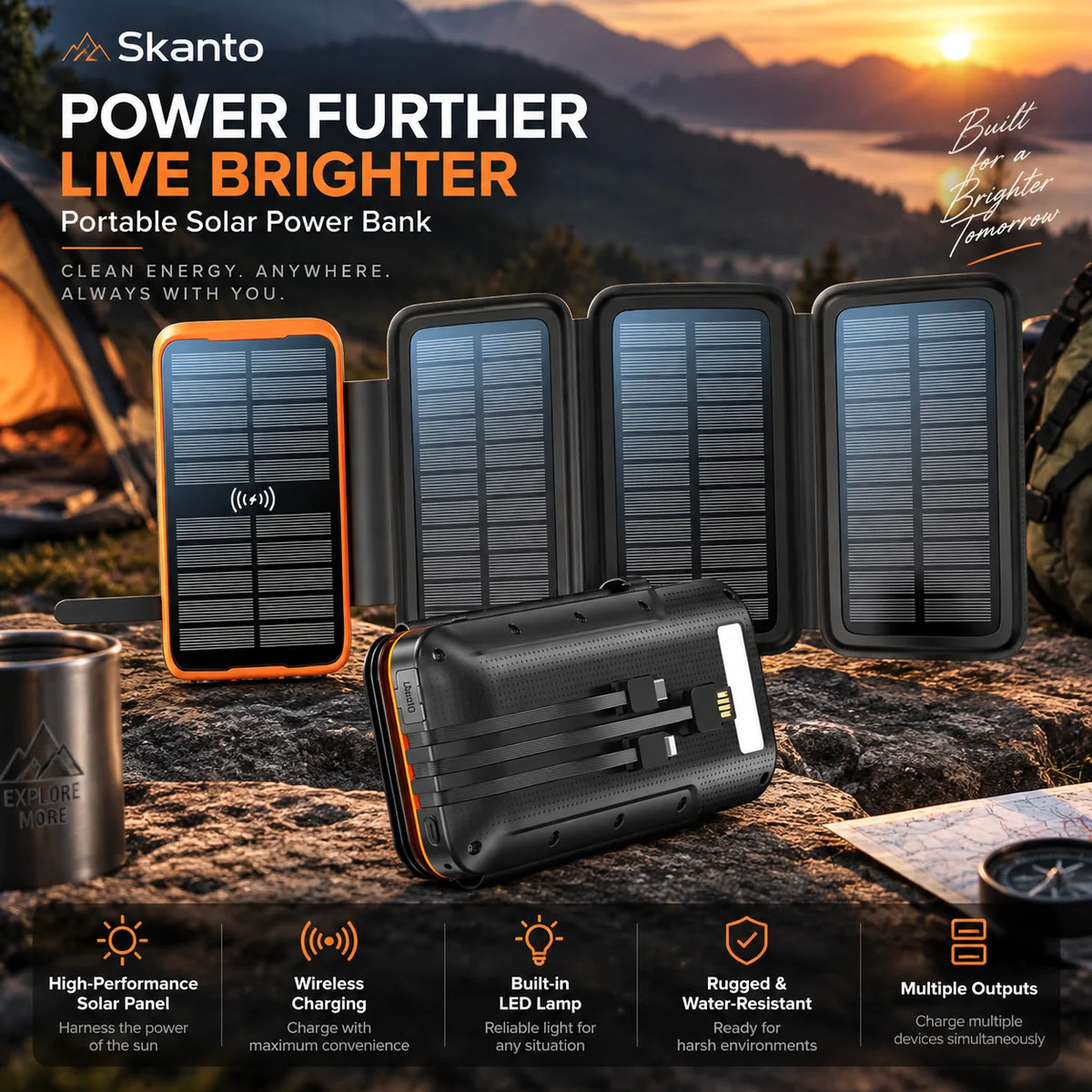 Power Bank 20,000 mAh Wireless & Solar Shock-Resistant Case