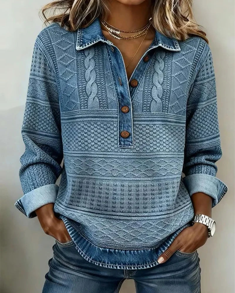 Pullover Cable Knit Shirt Collar Partial Button Relaxed Fit