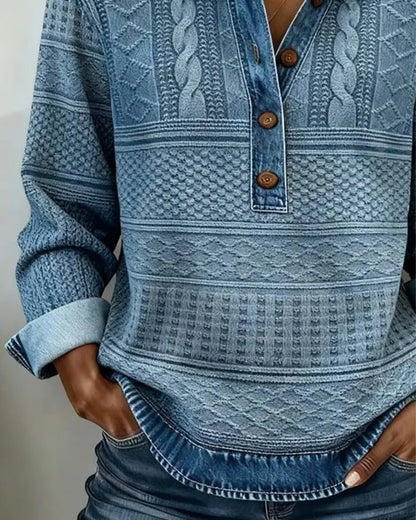 Pullover Cable Knit Shirt Collar Partial Button Relaxed Fit