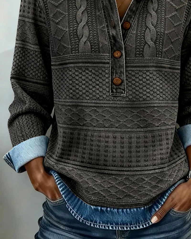 Pullover Cable Knit Shirt Collar Partial Button Relaxed Fit