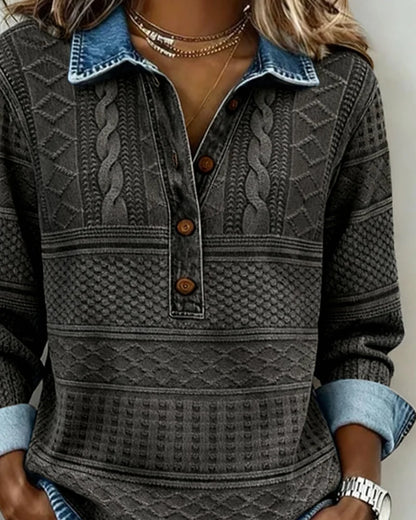 Pullover Cable Knit Shirt Collar Partial Button Relaxed Fit