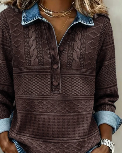 Pullover Cable Knit Shirt Collar Partial Button Relaxed Fit