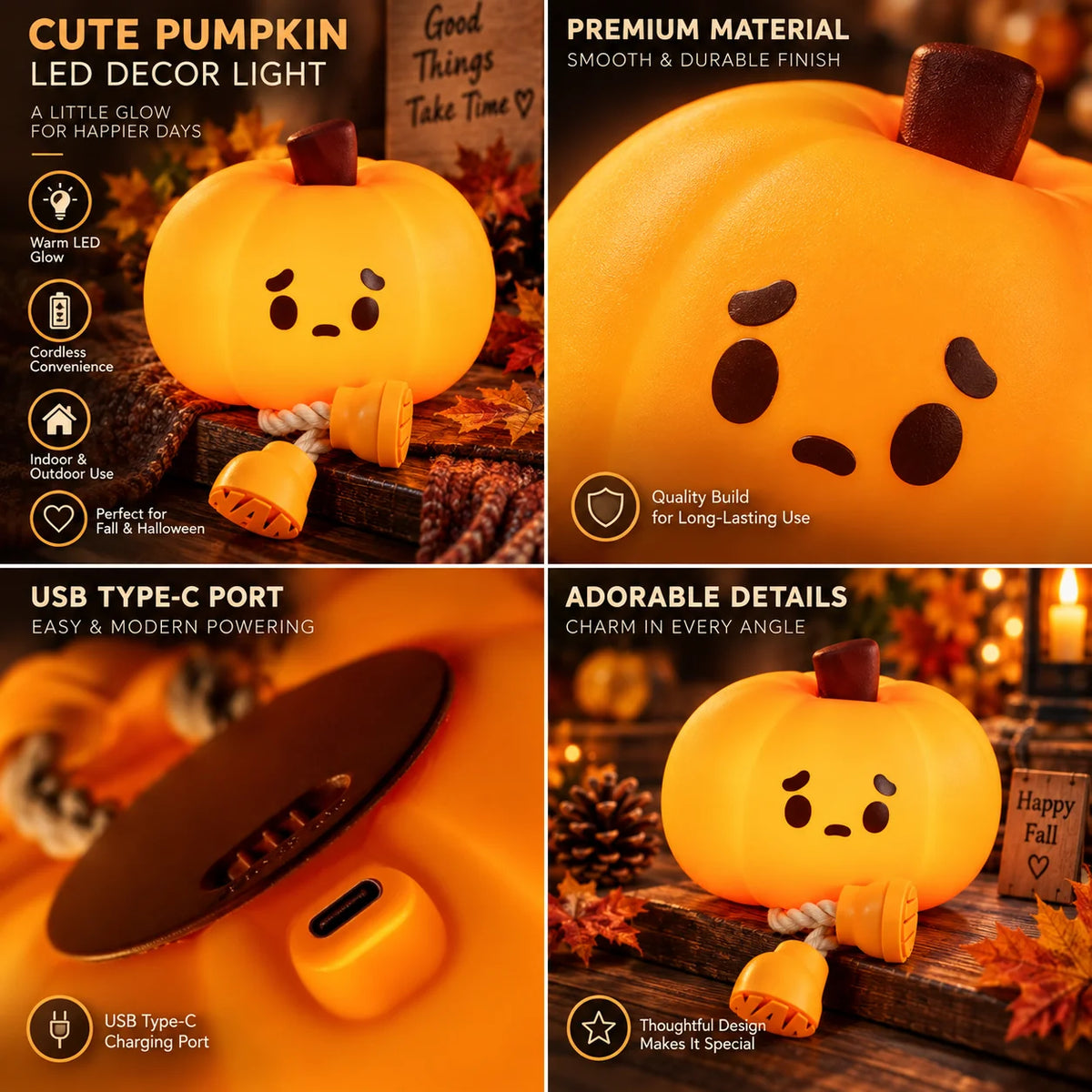 Pumpkin Mood Light Cordless Food-Grade Silicone Soft White Glow