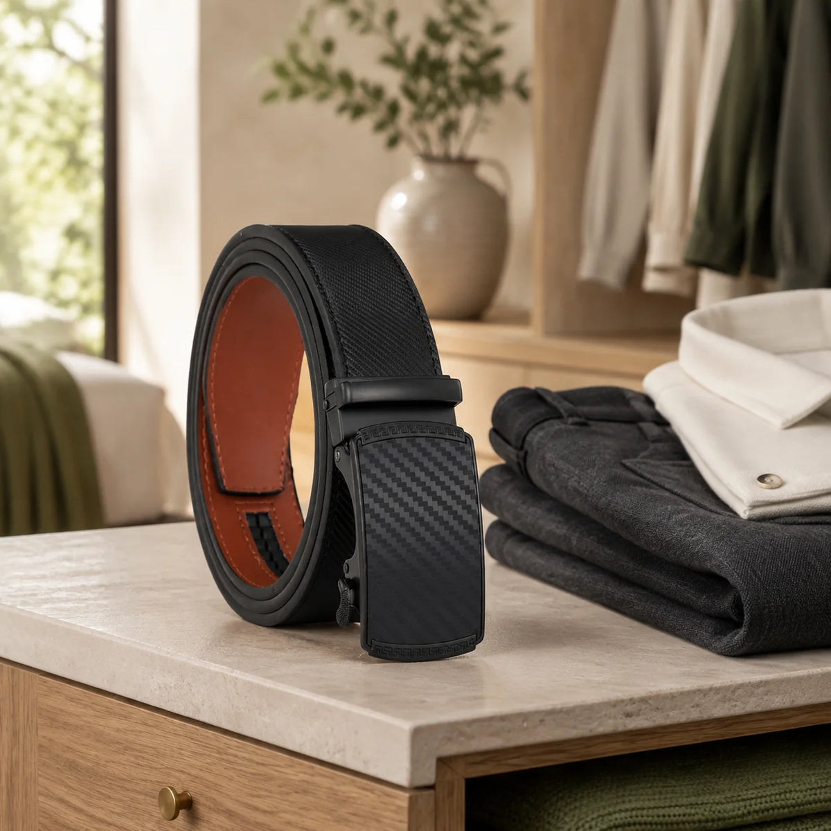 Ratchet Belt Leather Sliding Buckle Exact Fit