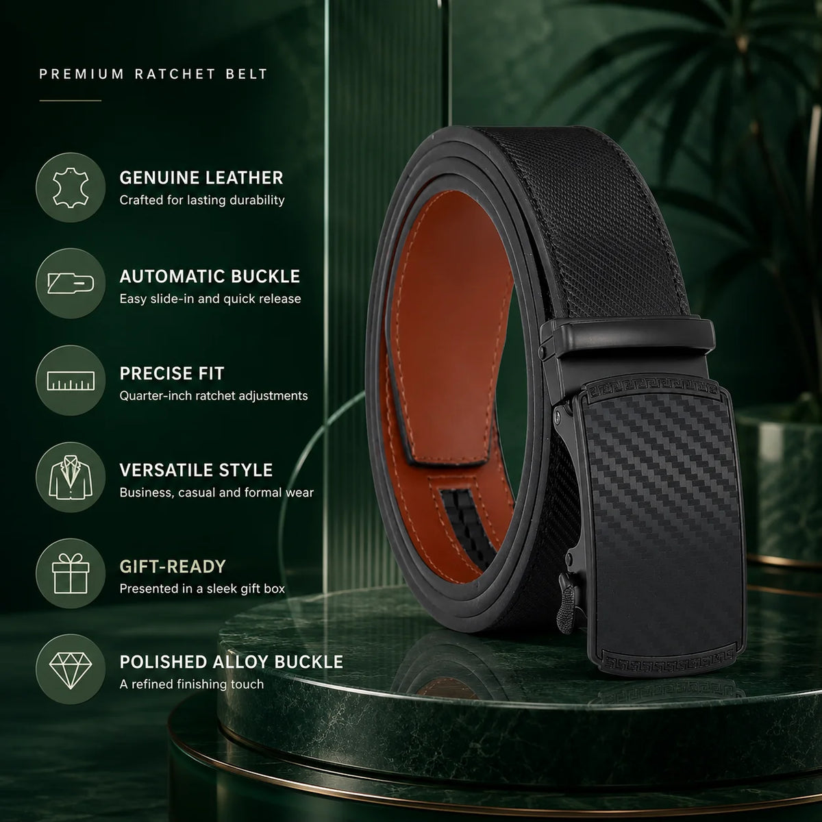 Ratchet Belt Leather Sliding Buckle Exact Fit