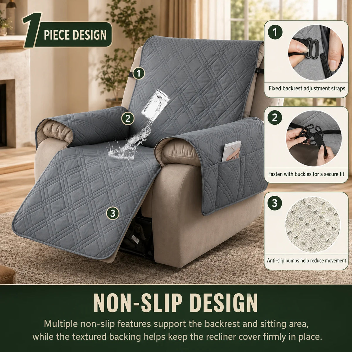 Recliner Cover Quilted Water-Resistant Non-Slip Side Pockets