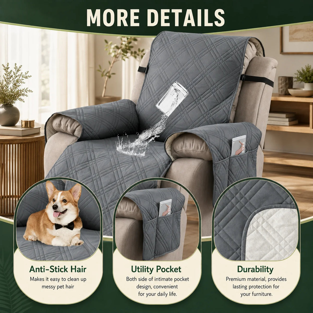 Recliner Cover Quilted Water-Resistant Non-Slip Side Pockets
