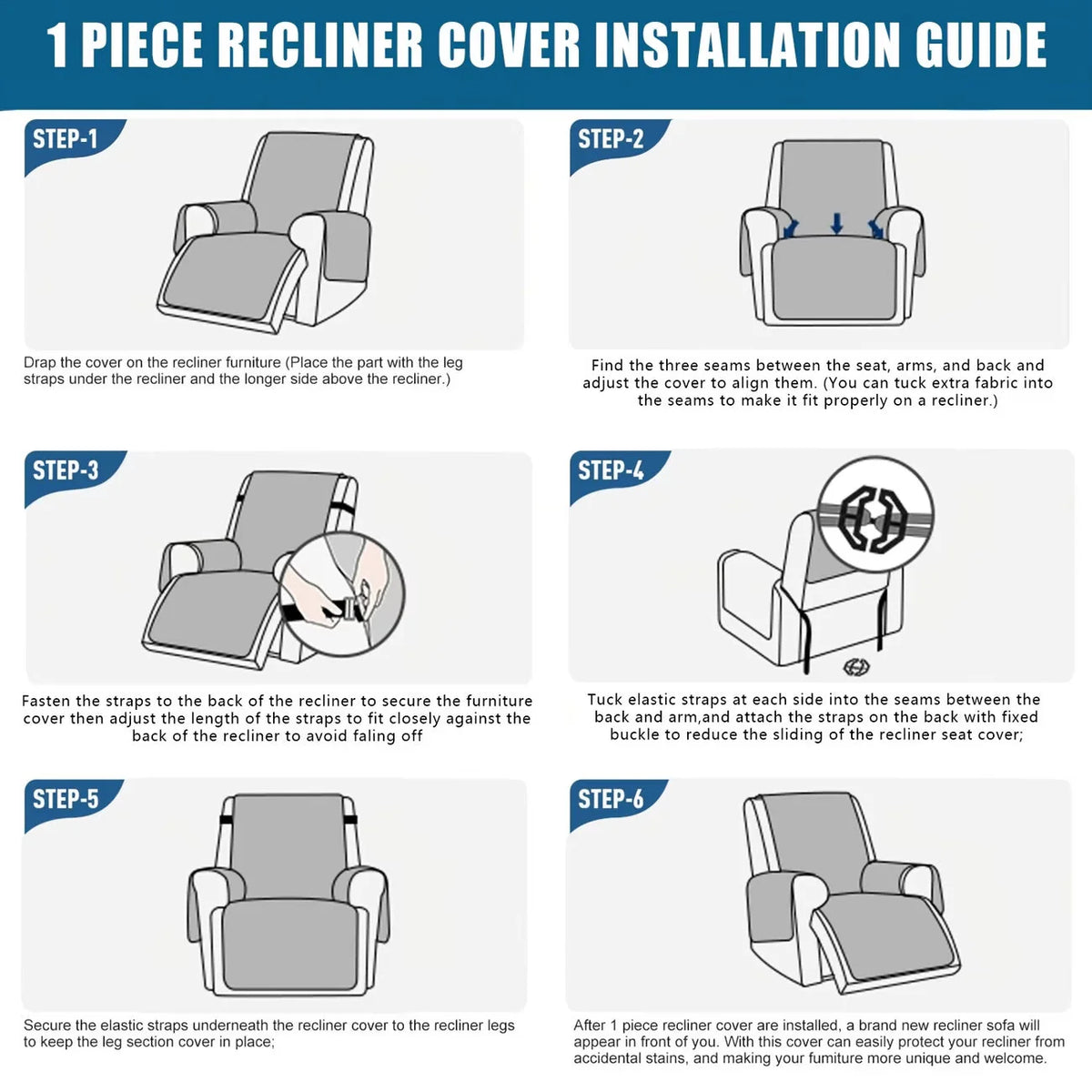 Recliner Cover Quilted Water-Resistant Non-Slip Side Pockets
