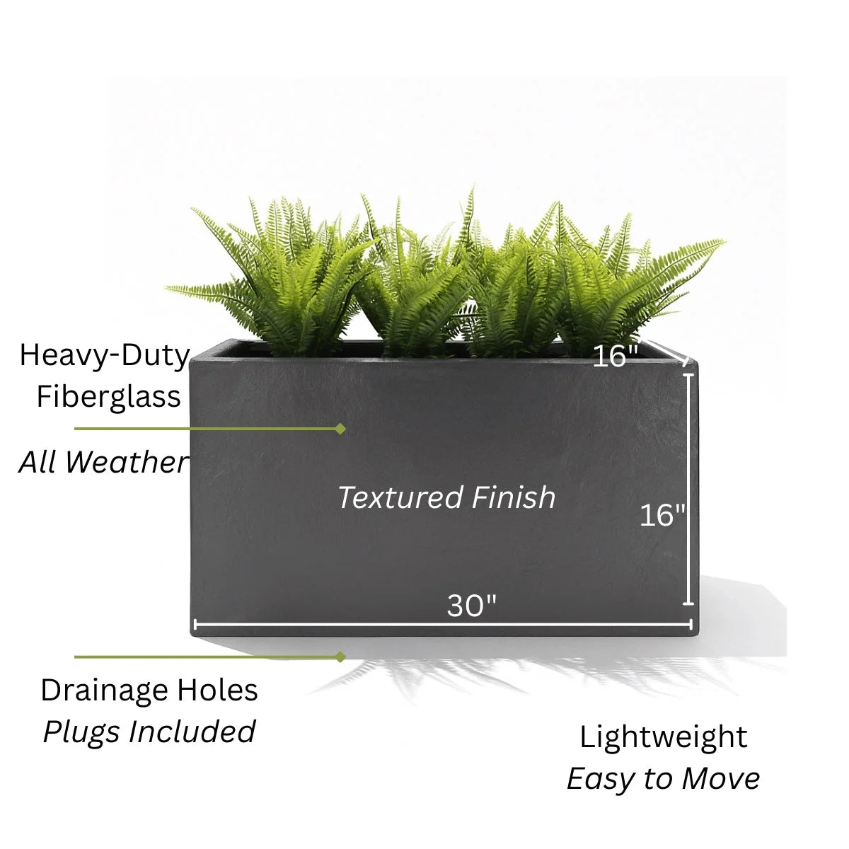 Rectangular Planter Box Faux Concrete Fiberglass Drainage Holes