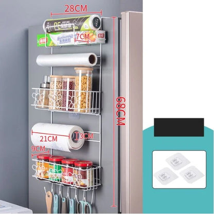 Refrigerator Side Organizer Rack Multi-Tier Nail-Free Installation Rust-Resistant Iron