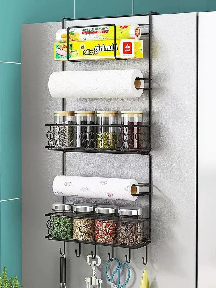 Refrigerator Side Organizer Rack Multi-Tier Nail-Free Installation Rust-Resistant Iron