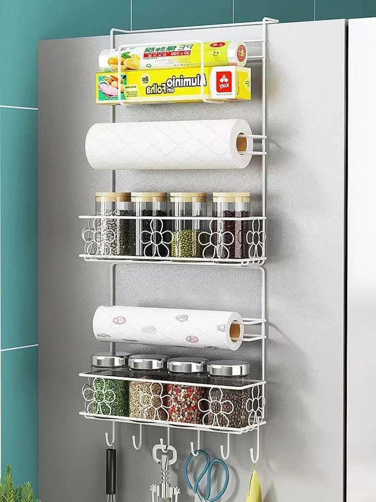 Refrigerator Side Organizer Rack Multi-Tier Nail-Free Installation Rust-Resistant Iron