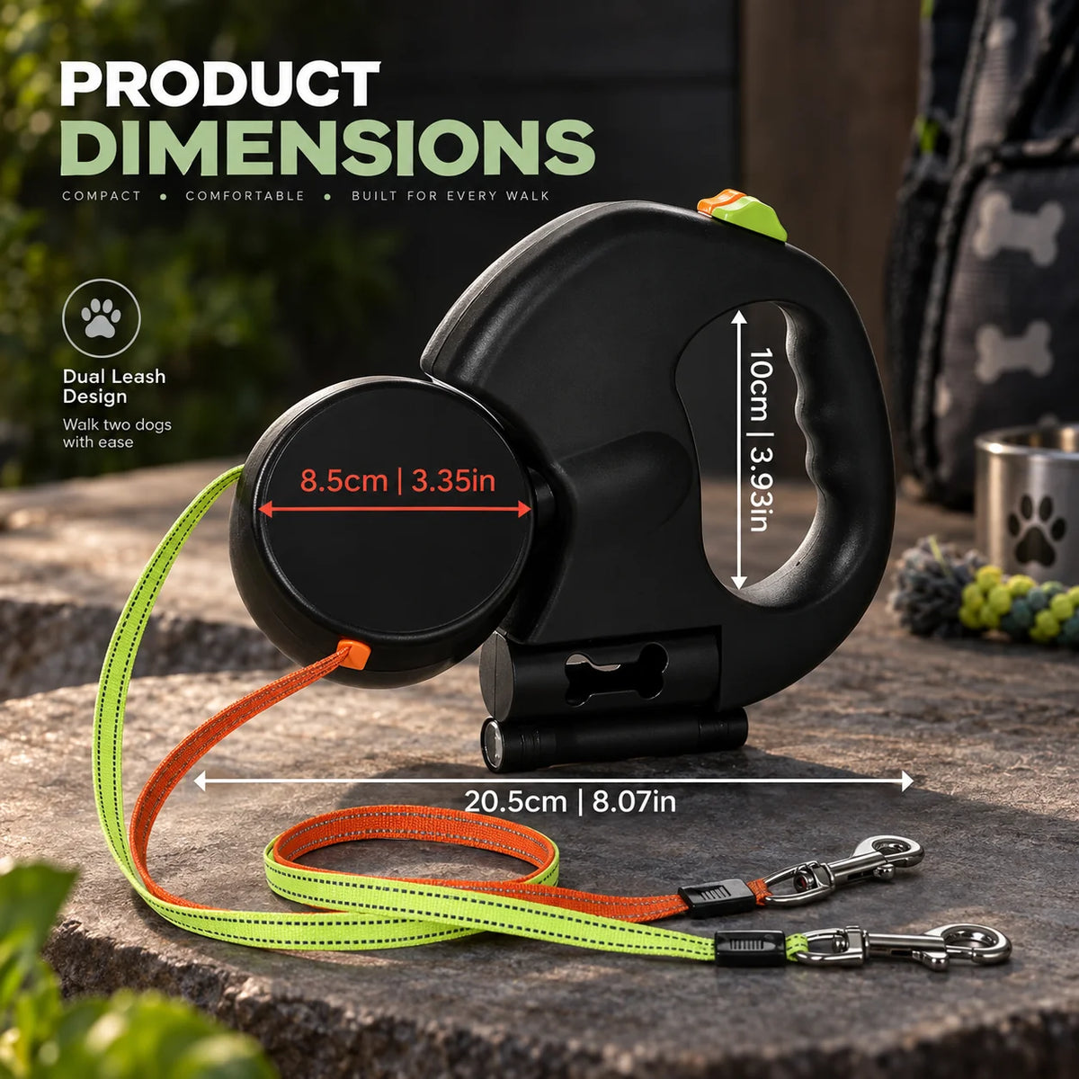 Retractable Dog Leash Dual Leads 360° Swivel LED Light
