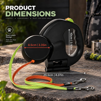 Retractable Dog Leash Dual Leads 360° Swivel LED Light