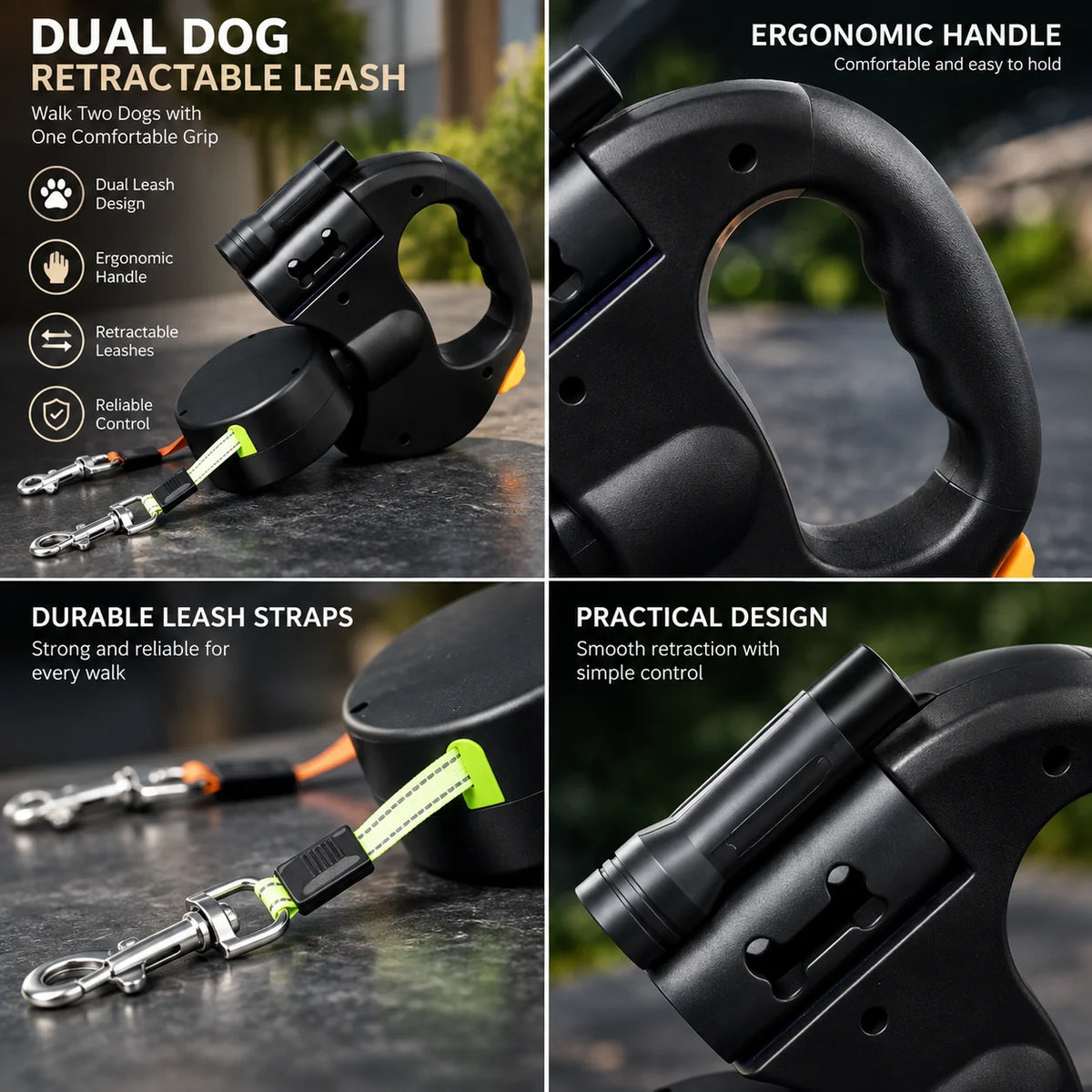 Retractable Dog Leash Dual Leads 360° Swivel LED Light