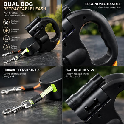 Retractable Dog Leash Dual Leads 360° Swivel LED Light