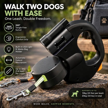 Retractable Dog Leash Dual Leads 360° Swivel LED Light