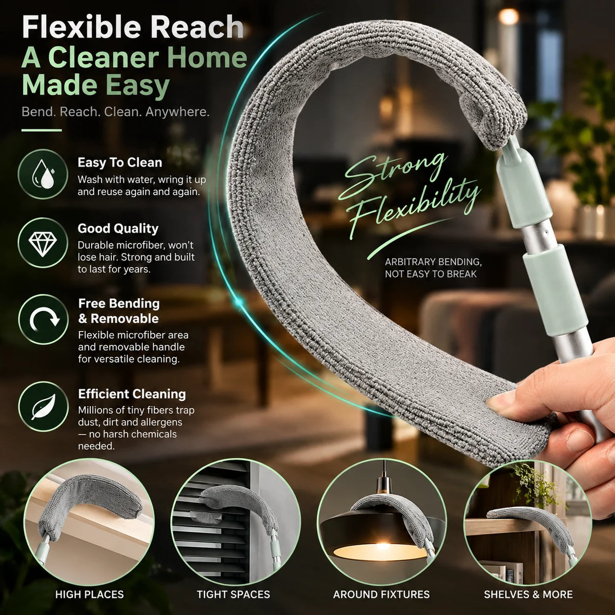 Retractable Gap Duster Bendable Flat Head Washable Microfiber Sleeve