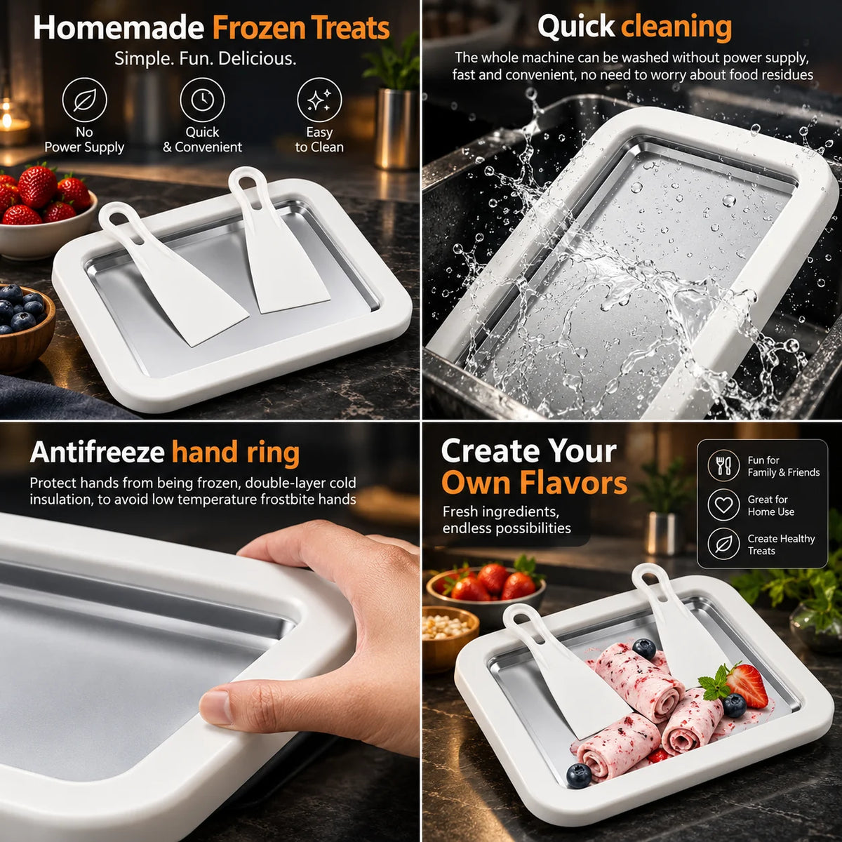 Rolled Ice Cream Pan 15.7x11.8 Inch 2 Scrapers