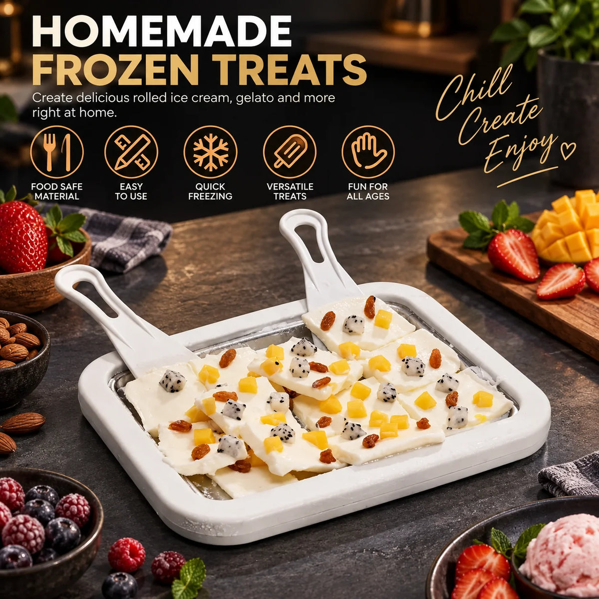 Rolled Ice Cream Pan 15.7x11.8 Inch 2 Scrapers