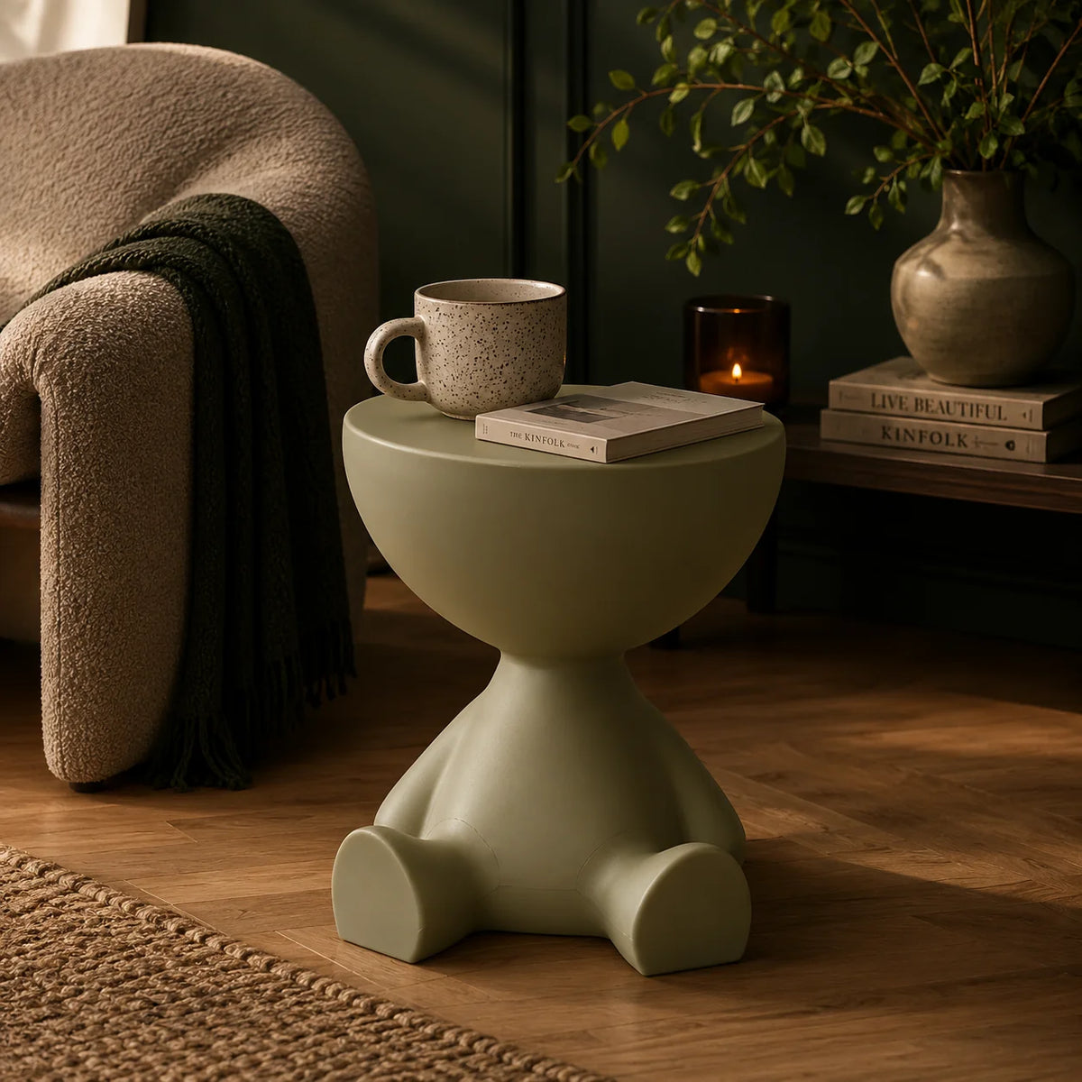 Round Pedestal Side Table Hidden Storage Molded Plastic