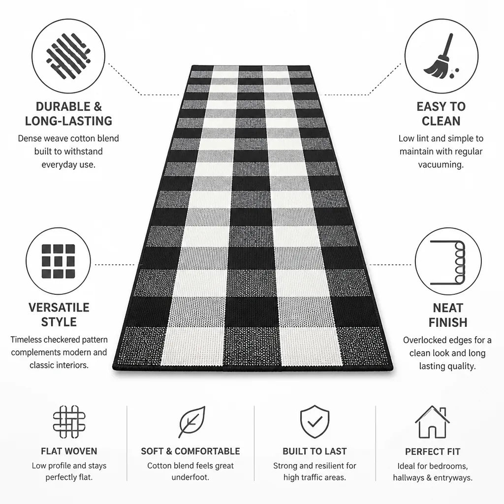 Runner Rug Checkered Flat Woven Cotton Blend