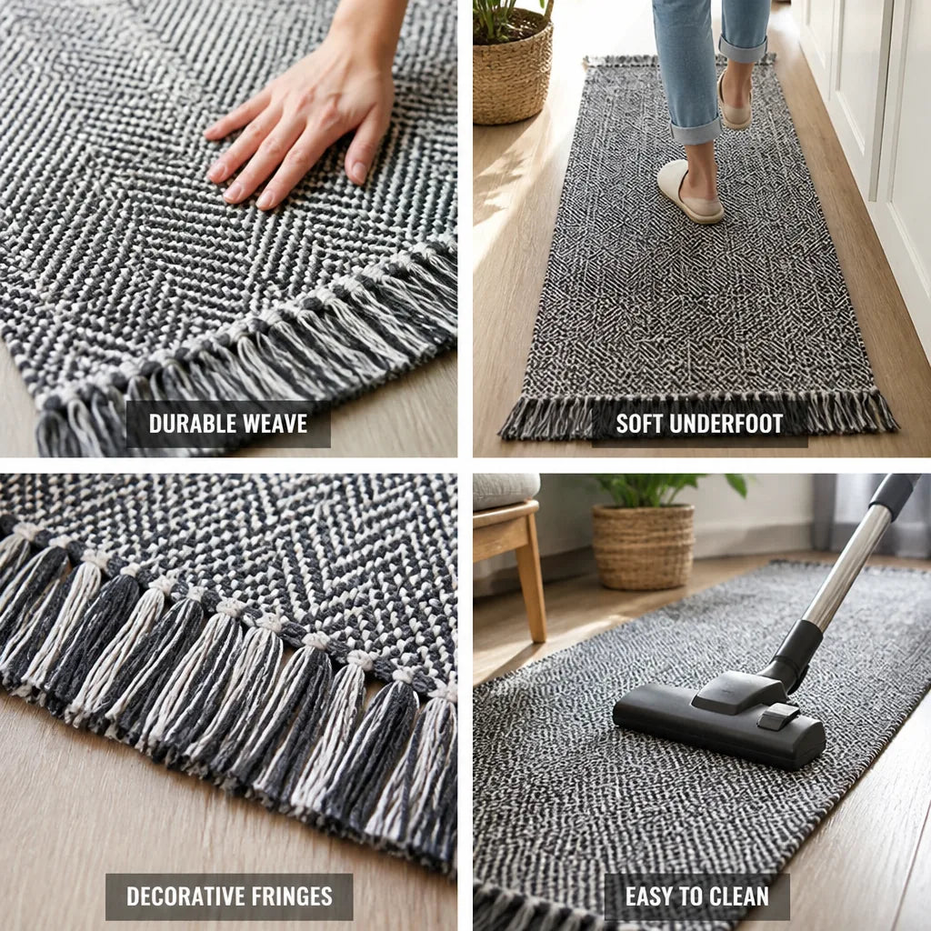 Runner Rug Cotton Geometric Fringed