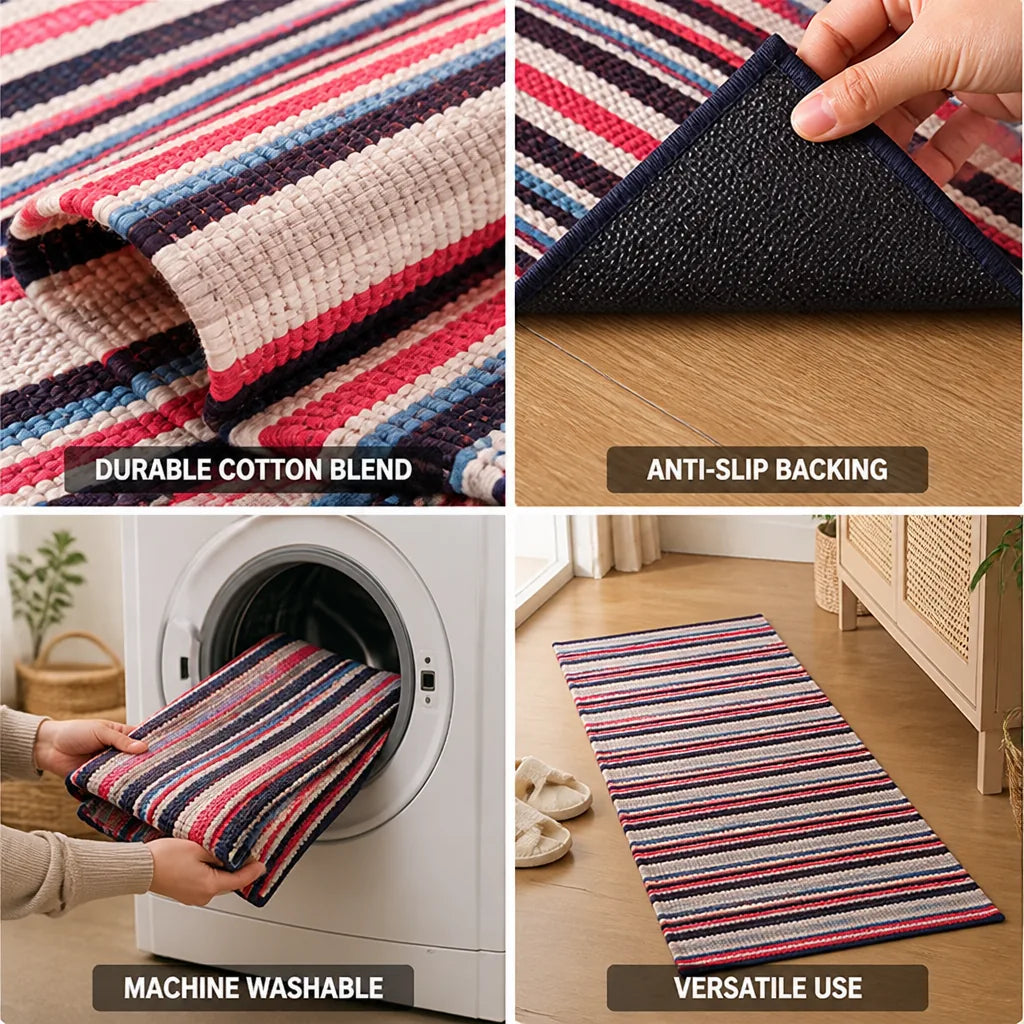 Runner Rug Striped Cotton Blend Anti-Slip