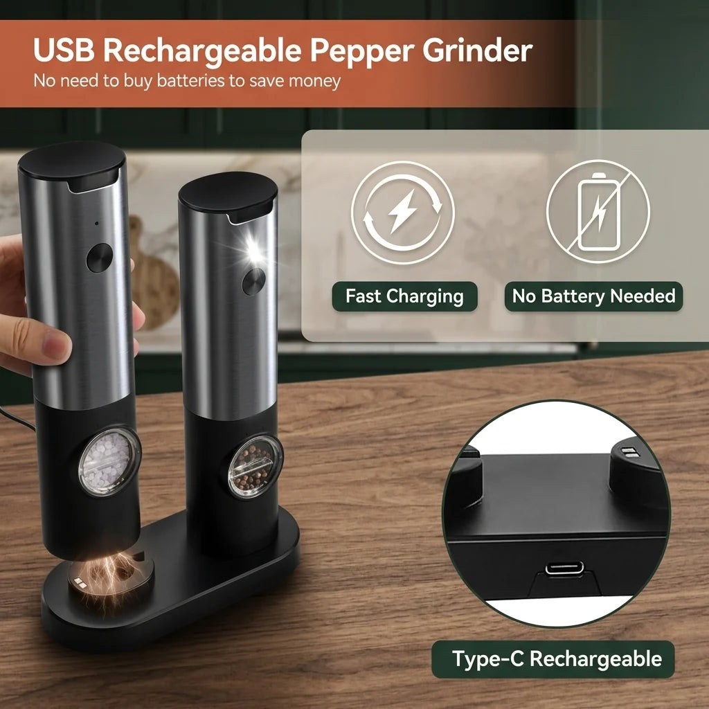 Salt & Pepper Mill Set Rechargeable Adjustable Grind