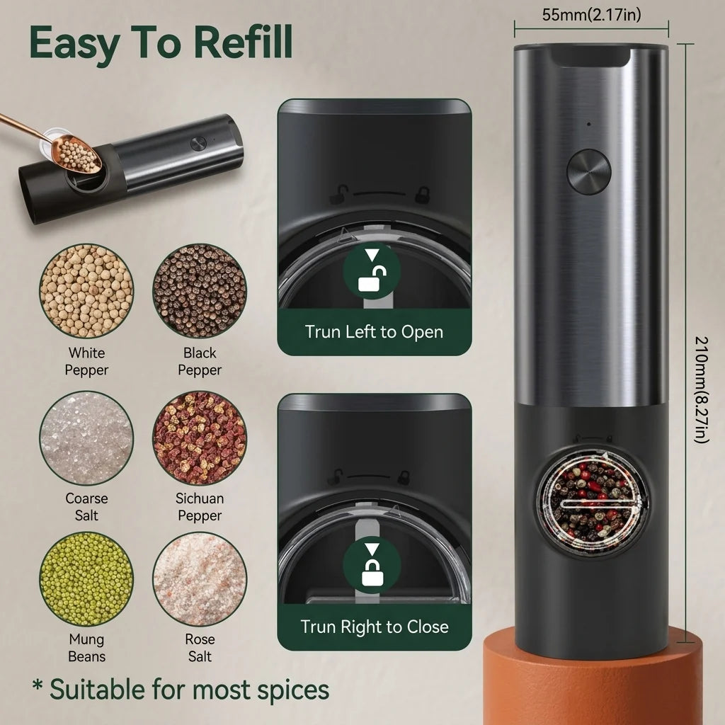 Salt & Pepper Mill Set Rechargeable Adjustable Grind