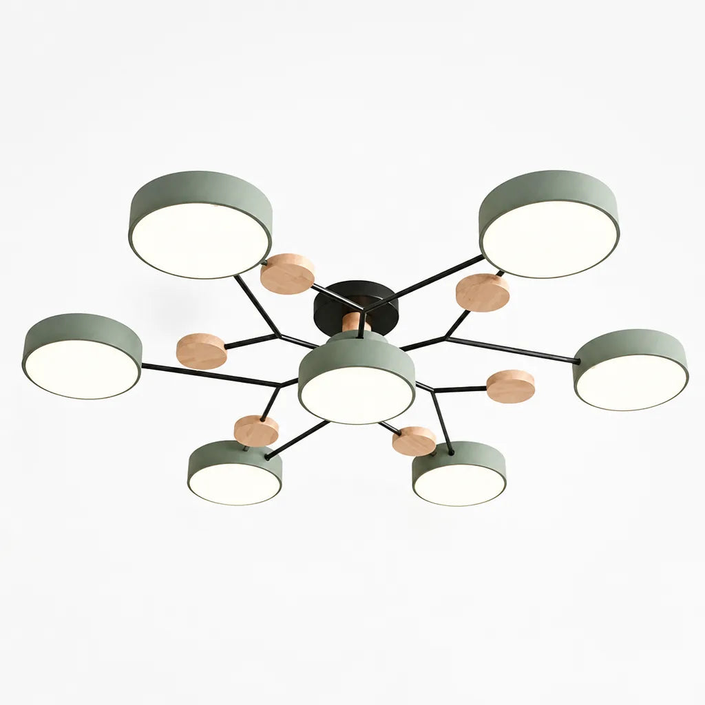 Scandinavian Branched Disc Metal and Wood Ceiling Light