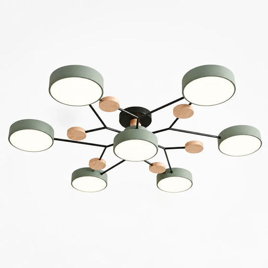 Scandinavian Branched Disc Metal and Wood Ceiling Light