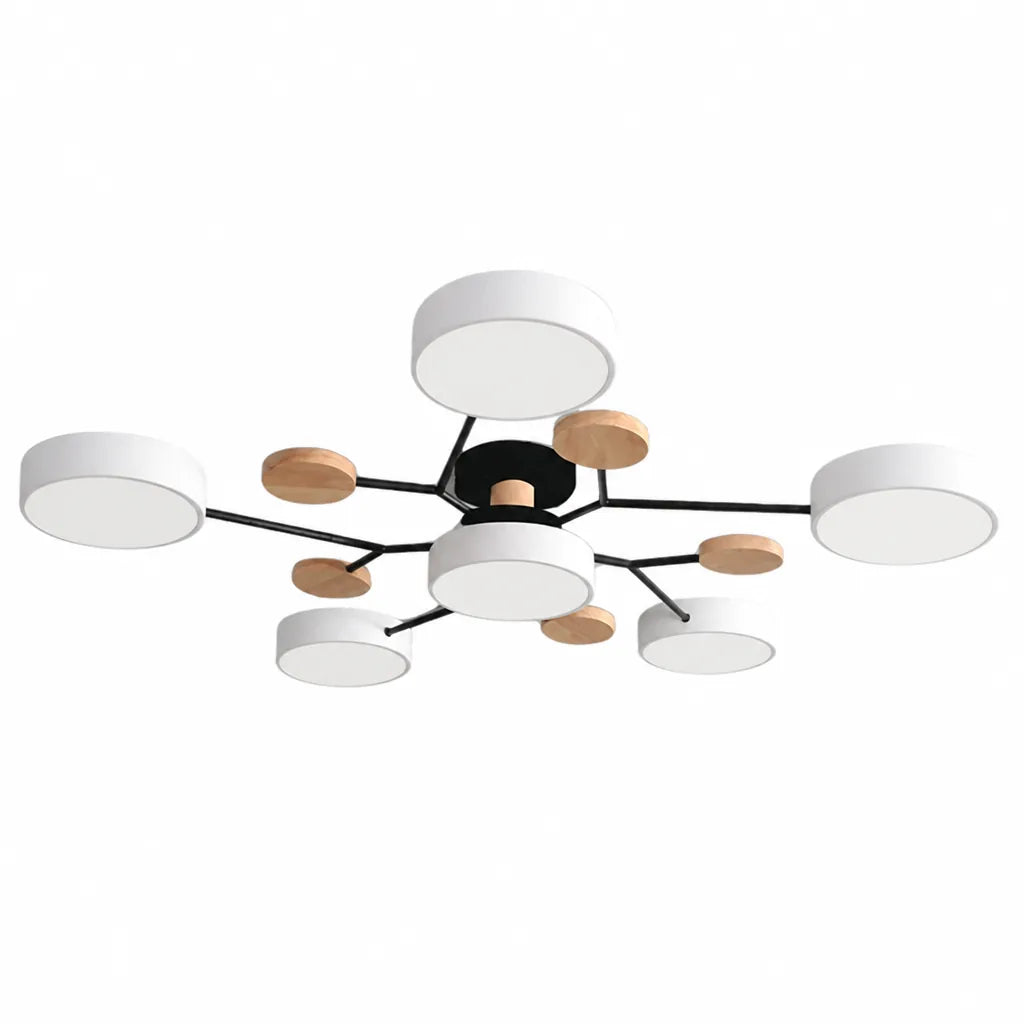 Scandinavian Branched Disc Metal and Wood Ceiling Light