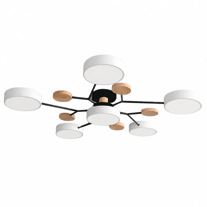 Scandinavian Branched Disc Metal and Wood Ceiling Light