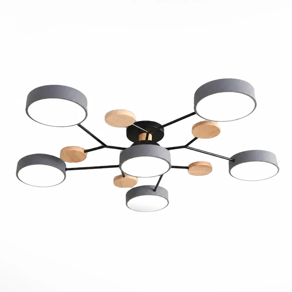 Scandinavian Branched Disc Metal and Wood Ceiling Light