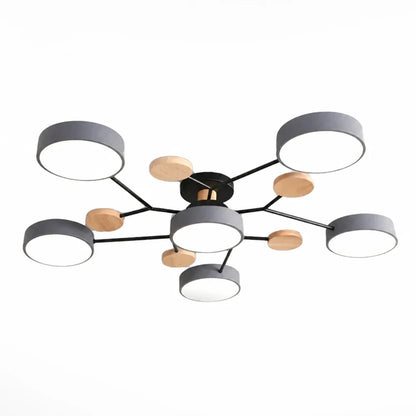 Scandinavian Branched Disc Metal and Wood Ceiling Light