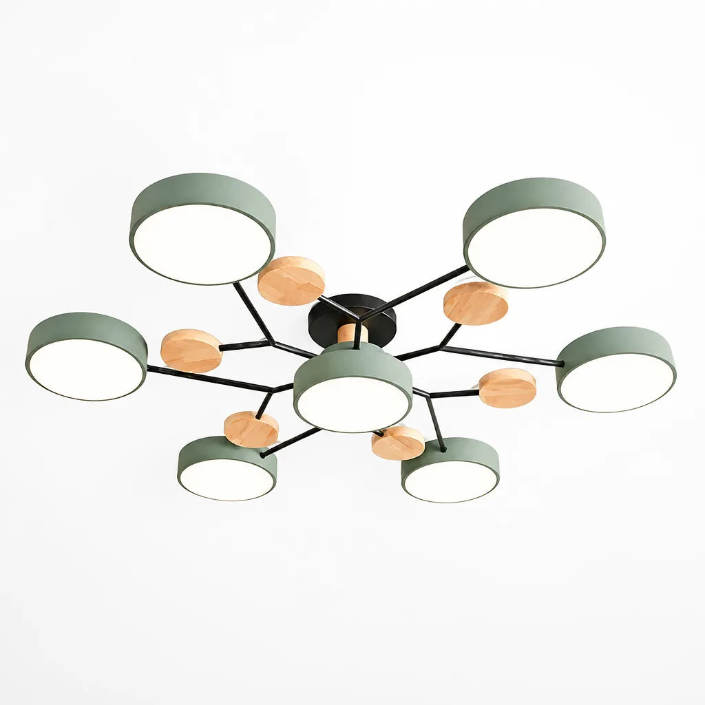 Scandinavian Branched Disc Metal and Wood Ceiling Light