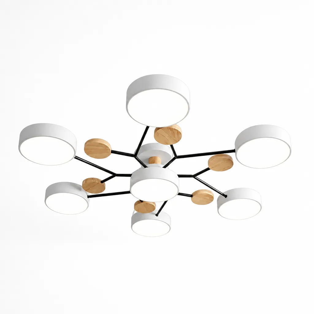 Scandinavian Branched Disc Metal and Wood Ceiling Light