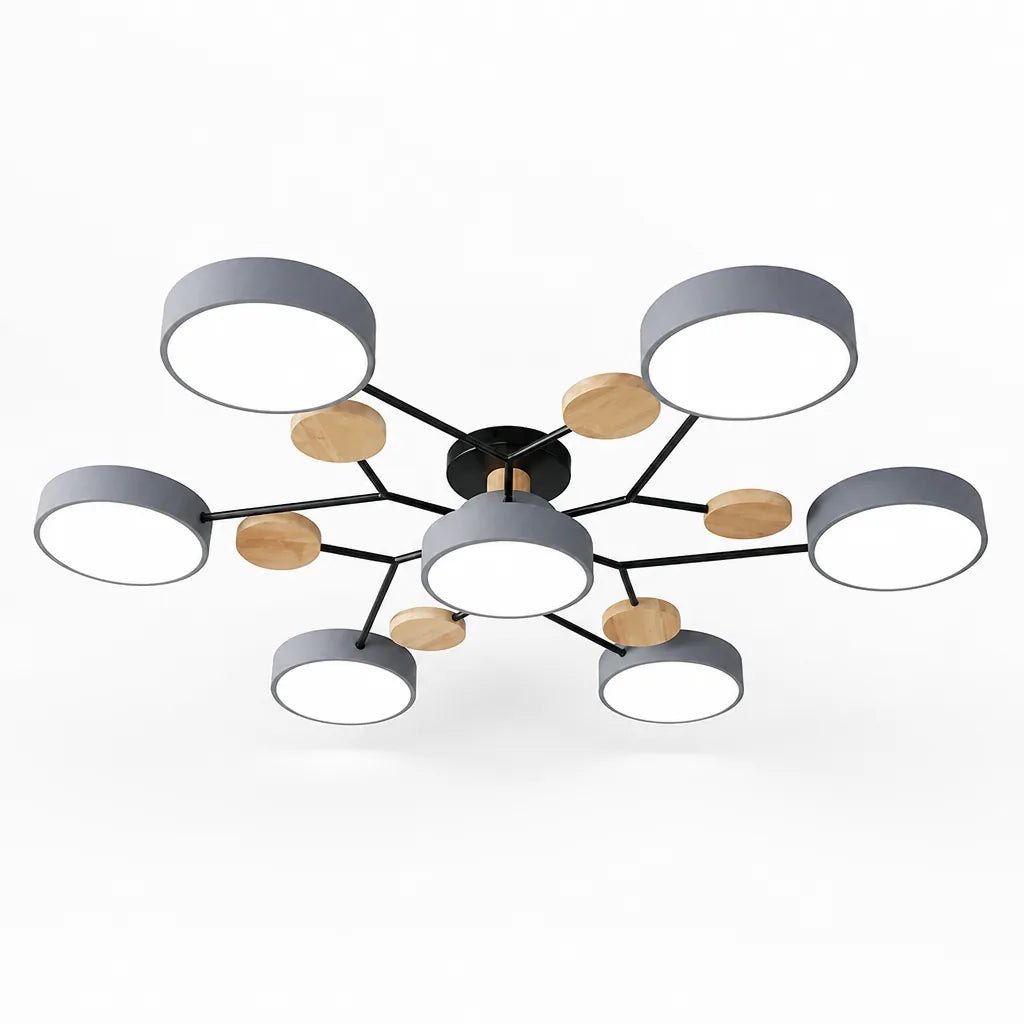 Scandinavian Branched Disc Metal and Wood Ceiling Light