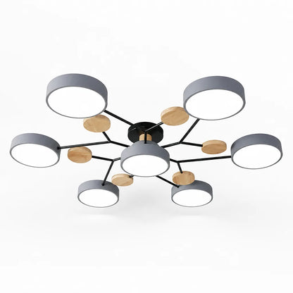 Scandinavian Branched Disc Metal and Wood Ceiling Light