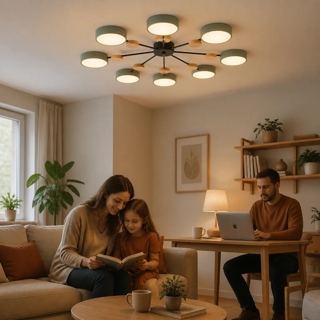 Scandinavian Branched Disc Metal and Wood Ceiling Light