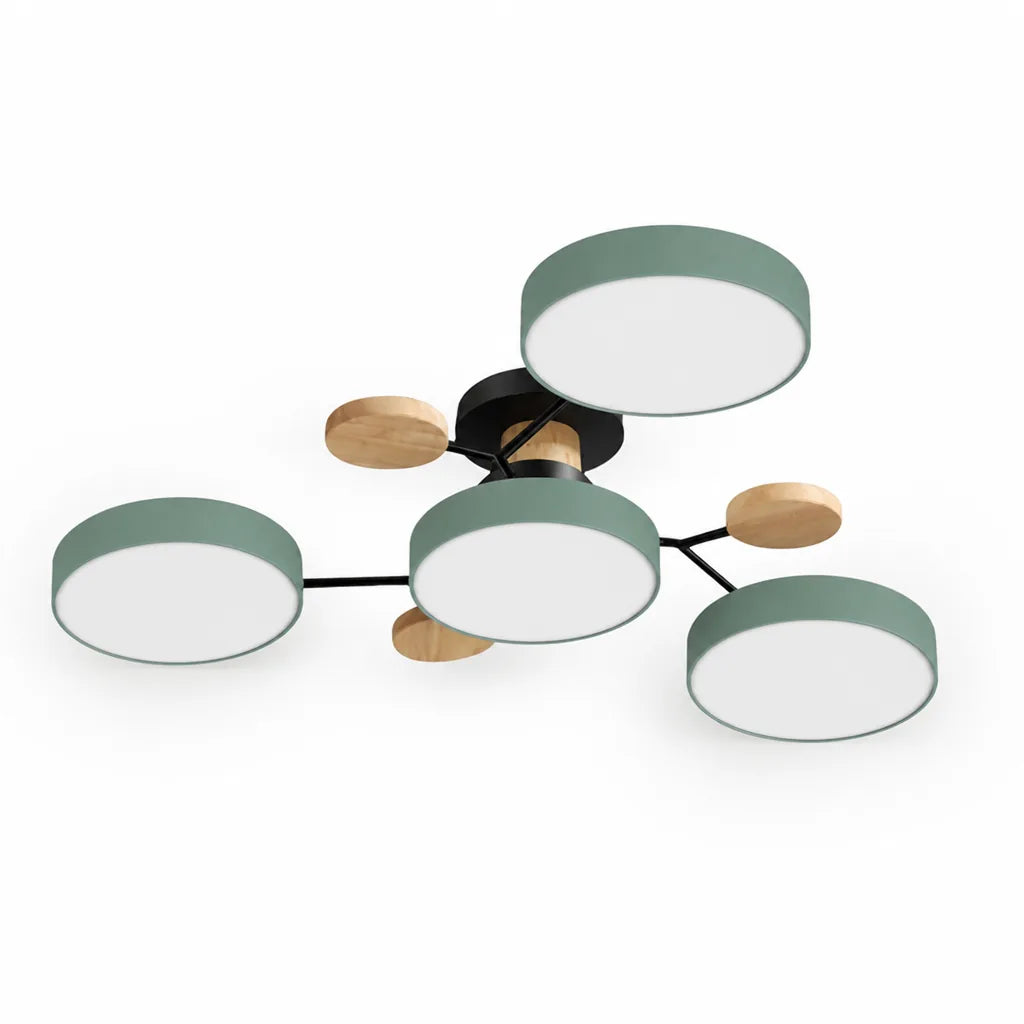 Scandinavian Branched Disc Metal and Wood Ceiling Light